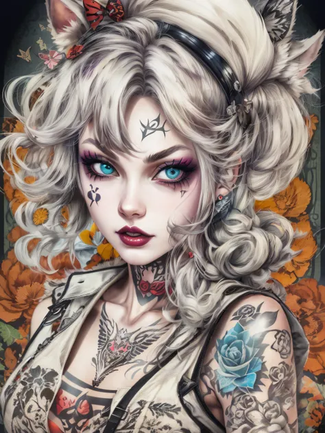 illustration of Alice of Wonderland in a rebellious pin-up style, Japanese manga style, wearing a bold look with a mix of classic and modern elements. Her skin is adorned with vibrant tattoos that show her rebellious nature, imagem contra fundo branco.