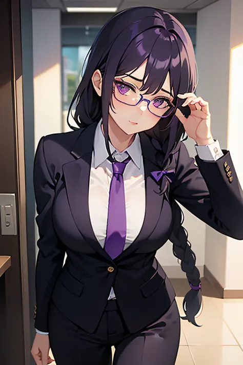 1woman, sexy,  long dark hair, long side braid, purple eyes, glasses, wearing a business suit, purple tie. daylight, office.