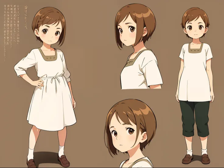 cute girl, super light brown hair, pixie bob hairstyle, character seet, Multiple pose and expressions, different angles, organizing, ghibli style, childrens book, meny character, Full body shot,