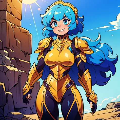 (1 girl), (solo), short blue hair, wavy blue hair, shine golden eyes, strong build, athletic body, big breasts, (high quality), (hd), (very detailed), curly hair, broad shoulders, small chest, wide waist, slightly chubby, yellow armor, gold armor, sun deta...