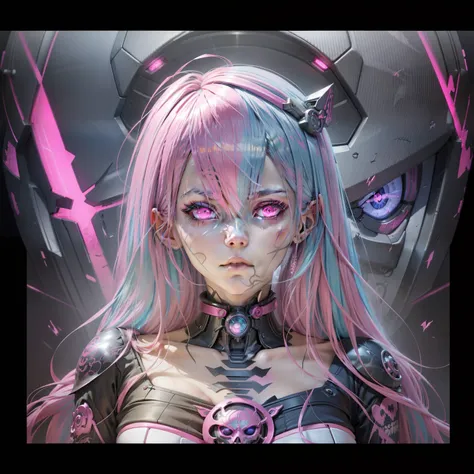 anime girl with pink hair and skeleton makeup with pink and blue hair, anime skull portrait woman, holy cyborg necromancer girl, scary detailed art in color, dark but detailed digital art, yandere intricate, best anime 4k konachan wallpaper, detailed digit...