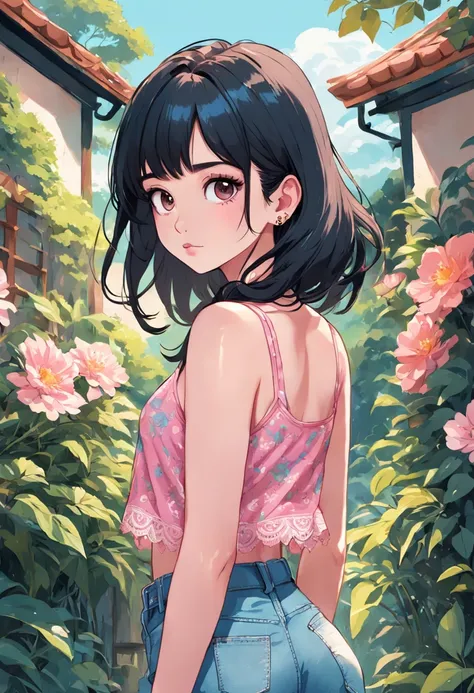 Illustration of a 25 year old woman with earrings, black hair, a pink lacy top and short denim shorts, she is standing in a garden, digital illustration style, cartoon style illustration, beautiful art style, trends in artstration, beautiful digital illust...