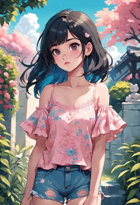 Illustration of a 25 year old woman with earrings, black hair, a pink lacy top and short denim shorts, she is standing in a garden, digital illustration style, cartoon style illustration, beautiful art style, trends in artstration, beautiful digital illust...