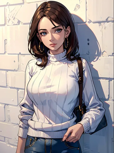 (masterpiece)), ((best quality)), (ultra-detailed), realistic, 8k, wallpaper, beautiful, high resolution, young woman wearing blue shirt posing next to white brick wall, wearing striped sweater, 1girl, solo, pants, earrings, jewelry, looking at viewer, swe...