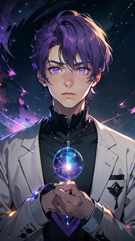 (8K animation:1.2), Create a young man with purple hair, purple glowing eyes eyes, wearing clothes from the 1800s holding a purple glowing amulet with constellations behind him