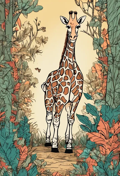 uma girafa na floresta com grama para colorir