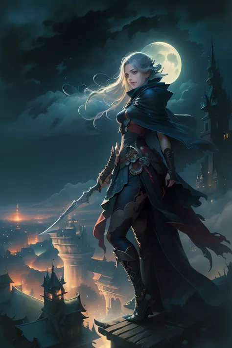 ((best quality)), ((masterpiece)), (detailed), 1girl, confident, assassin, black clothes, cloak, side shot, surrounded by weapons, ethereal beauty, sitting on roof, (looking down on the city:1.2), (beautiful sly smile), (fantasy illustration:1.3), fantasy ...