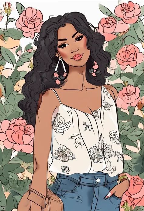 Illustration of a 25-year-old woman with earrings, cabelos pretos, um top rosa rendado e shorts jeans curtos, She is standing in a garden, Digital illustration style, Cartoon style illustration, belo estilo de arte, Trends in Artstration, Beautiful digital...