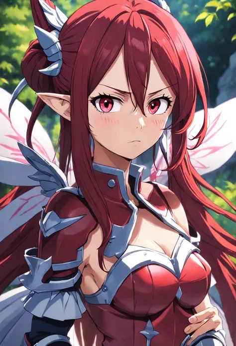 a perfect art of Erza Scarlet from the Fairy Tail anime with her traditional armor and with a serene expression, corpo inteiro, cabelos e olhos perfeitos, Sombras realistas, incredible details, olhos perfeitos, perfect hands, cauda de fada, anime de cauda ...