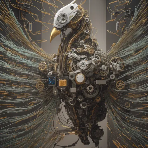 Nesta arte digital futurista, A cybernetic bird appears before us, meticulosamente posicionado para exibir todas as suas partes mecanizadas de maneira impressionante. This winged being is a symphony of gears and wires, its metallic anatomy designed to perf...