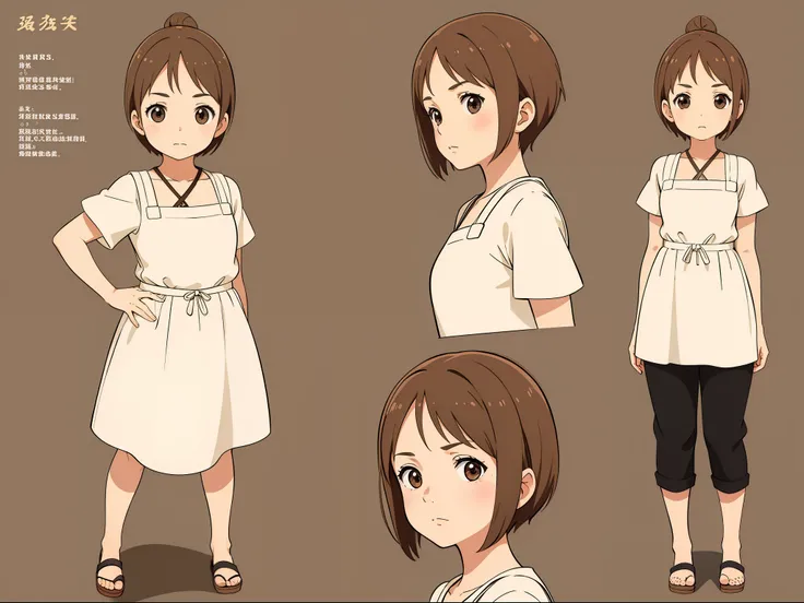 Cute Girl, Super light brown hair, Pixie Bob Hairstyle, Character Sheet, Multiple Poses and Expression, Different angles, Organizing, Ghibli style, 児童書, Menu Character, Full body shot,