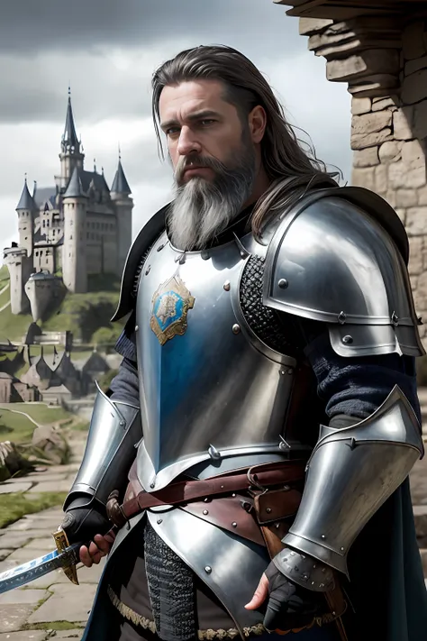 photorealistic, top quality, masterpiece, cinematic composition, slow motion, (medium shot of a medieval knight, sombre and weathered face, beard, grey hair:1.2), chain mail and plate armour, (realistic and detailed|intricate armour:1.1), (visible face:1.3...