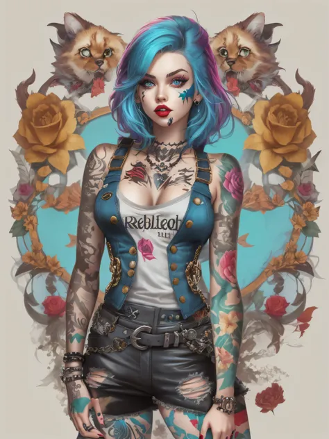 Full body illustration of Alice from Wonderland in a rebellious pin-up style, wearing an edgy outfit with a mix of classic and modern elements. Her skin is adorned with vibrant tattoos that showcase her rebellious nature, image against white background.