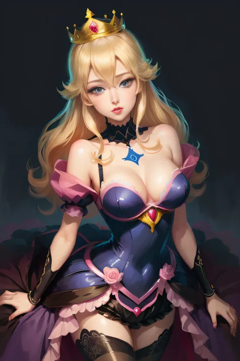 princess peach, blue eyes, sexy pink and black dress, thin, classy, black background, slick, cleavage, crown, laced bra, blonde, alluring, seductive, (2d cute anime:1.3), Vixip, pastel background, design by Yusuke Kozaki, oil by Gregory Manchess; stunningl...