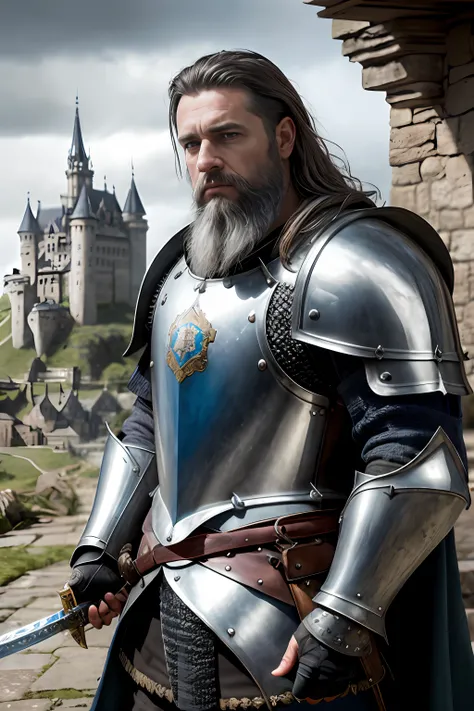 photorealistic, top quality, masterpiece, cinematic composition, slow motion, (medium shot of a medieval knight, sombre and weathered face, beard, grey hair:1.2), chain mail and plate armour, (realistic and detailed|intricate armour:1.1), (visible face:1.3...