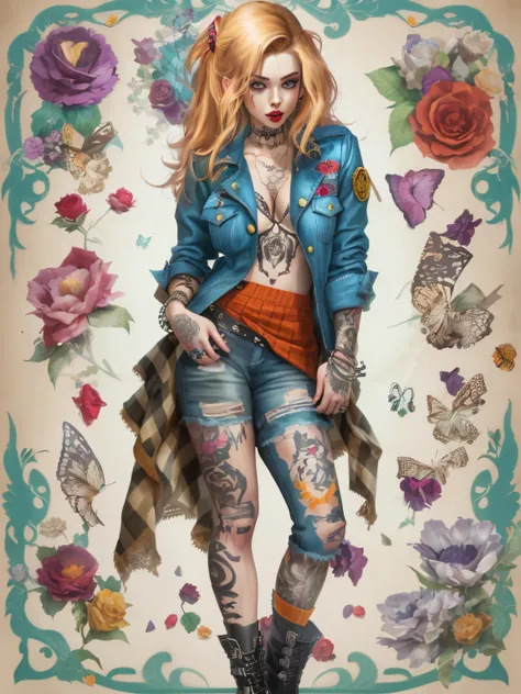 Full body illustration of Alice from Wonderland in a rebellious pin-up style, wearing an edgy outfit with a mix of classic and modern elements. Her skin is adorned with vibrant tattoos that showcase her rebellious nature, image against white background.