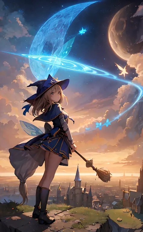 masterpiece, best quality, ultra-detailed, illustration, 1girl, solo, fantasy, flying, broom, night sky, outdoors, magic, spells, moon, stars, clouds, wind, hair, cape, hat, boots, broomstick, glowing, mysterious, enchanting, whimsical, playful, adventurou...