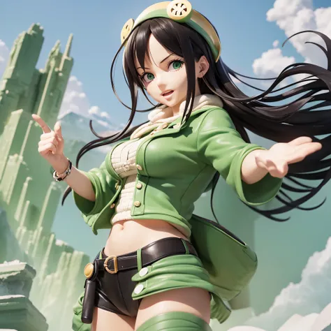 ((3D anime: 1.2, One Piece Manga: 1.3), Mascot, 3D image), Nico Robin - The crew archaeologist, dynamic angle, dynamic pose, emphasis on hand gesture, black hair, green eyes, detailed clothing, mystical background, magic circles, sparks, high resolution, (...