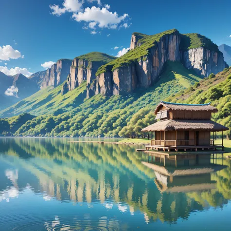 Small brazilian hut at the foot of the mountain, beautiful lake mirroring the landscape. blue sky --auto --s2