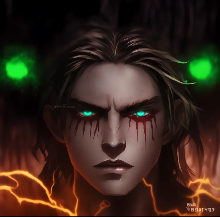 eren yeager a man with green eyes and a red face, with red glowing eyes, with glowing red eyes, metal and glowing eyes, red glowing eyes, red eyes glowing, glowing red eyes, his eyes are red and glowing, intimidating stare, handsome guy in demon slayer art...