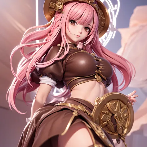 "((best quality, masterpiece))nn(manga a play Rebecca, a gladiator from Dressrosa Island),nn[3d anime mascot:0.5]. (pink hair braided on the back, brown eyes), nn[dynamic pose and angle, high resolution, detailed CG, realistic texture, vivid colors, white ...