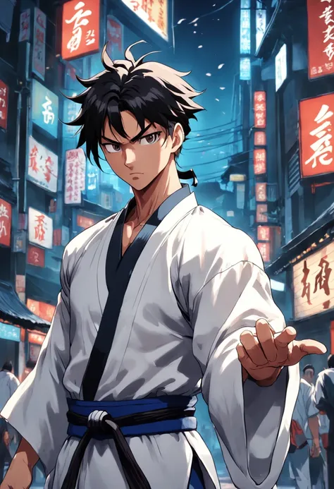 A perfect art by Ryu from Street Figther with his white kimono and a serious, tight-lipped expression, olhando para frente, cabelos pretos, dougi, luvas sem dedos, detalhes incriveis, sombras perfeitas, olhos perfeitos, perfect hands and fingers, foco masc...