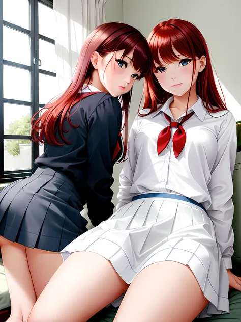 In a private school for girls, in a simple room, gray walls, the window overlooking the garden, two beautiful schoolgirls kissing and having sex lying on the bed, masturbating each other touching their vagina under their panties, red hair, green almond eye...