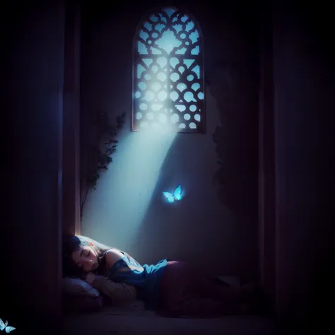 A girl sleeping next to a Moroccan window through which a ray of moonlight enters and a butterfly shines in the dark