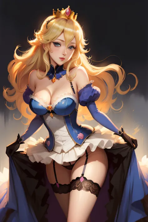 princess peach, blue eyes, Garter, classy, black background, slick, cleavage, crown, laced bra, blonde, alluring, seductive, (2d cute anime:1.3), Vixip, pastel background, design by Yusuke Kozaki, oil by Gregory Manchess; stunningly alluring, teasing, beau...