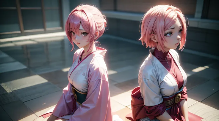 Sexy anime girl with an anime boy with pink hair with short clothes white kimono with erotic pose style boy and girl for a photo, subtentioned that they are doing something, arte cg anime suave, photorealistic anime girl rendering, Estilo de anime 3D reali...