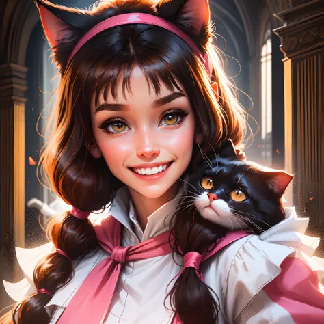 female character, cat ears, pigtail style hair, dark brown hair, red headband, classic pink and white clerical outfit, sweet smile, fine, D&D style --auto --s2