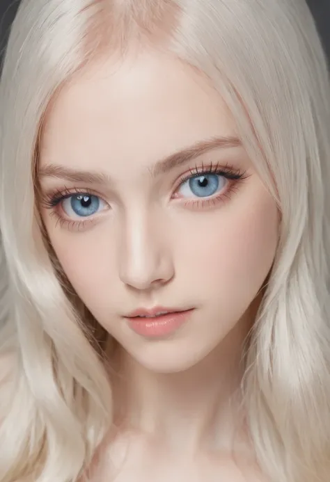 Crystalline big blue eyes、Platinum blonde hair、Super long and straight hair、Silky hair、Bangs between the eyes、Fully naked、Beautiful, young and shiny skin、Sexy and very beautiful appearance、Beautiful and cute face、Very beautiful 14 years old, good girl with...