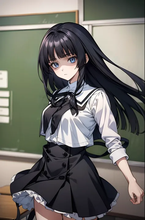 solo, (((anime girl with straight black hair))), (((straight hair))), ((hair covering eyes)), ((flat bangs)), (blank blue eyes),...