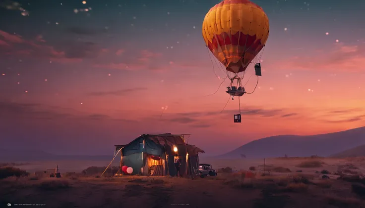 (craftsman, setting up a gas balloon), sunset as the day gives way to night, a starry sky begins to emerge, surrounding image