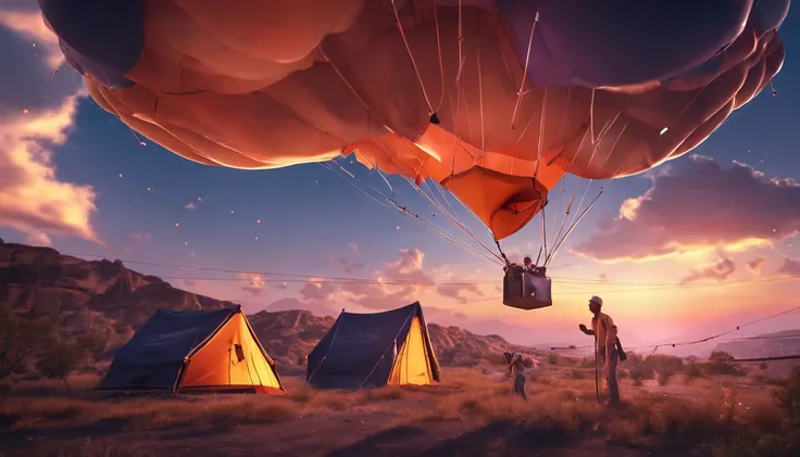 (craftsman, setting up a gas balloon), sunset as the day gives way to night, a starry sky begins to emerge, surrounding image