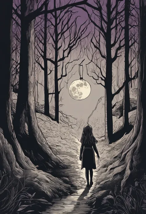 "Generating an intriguing and atmospheric illustration for the cover and back cover of my horror thriller book. The scene is to depict a dense haunted forest at night, where the dim moon casts a pale light over the gnarled, shadowy trees. In the center of ...