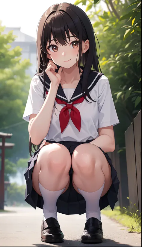 1girl in、AS-Adult、a smile、The shirt、skirt by the、（small tits）Chilarism、Japan High School Student Uniform、serafuku、summer clothing、（Sheer Bra）、Upper body portrait、the wind、Squatting panchira、