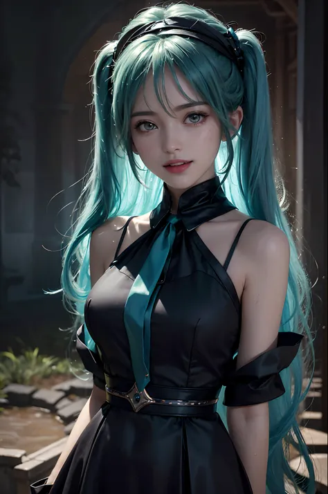 (hatsune miku charakter), tosca hair color, long twin tail hair with pony, looking at the view, eyes on the view, smile (big smile), (open mouth), full body, 21 years old girl, perfect body, perfect anatomy, tosca eye color, double eyelids, huge breasts, H...