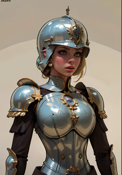 Gray clay style,(masterpiece, best quality), Grayscale,a woman in armor, full armor,helmet,armor,extra arms,breastplate, dark brown skin tone, platinum blonde hair, hair under helmet, pixiecut, dainty, slim helmet, perfect face, pretty face, lush detail,