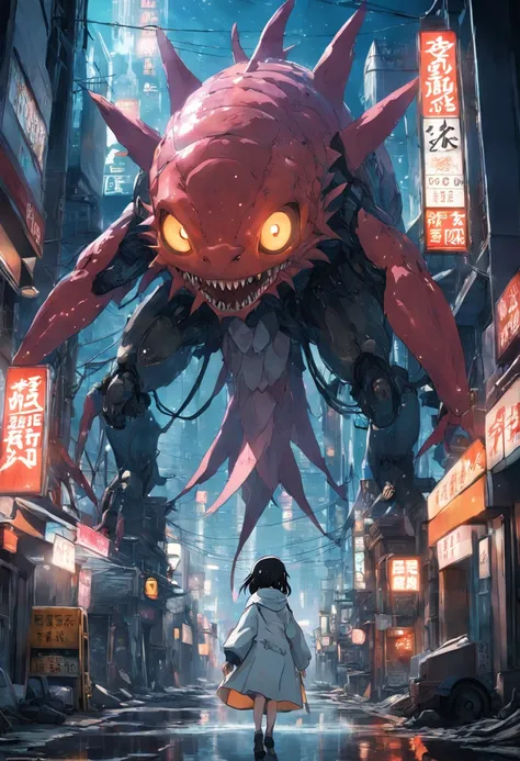 Best Quality, masutepiece, Ultra-high resolution, Super huge and violent (Anthropomorphic fish) The Monster, Luminous Eyes, broken streets, Broken city, Gravel-covered ground, Broken sign, Japan Invaders, 8K, Natural light surreal science fiction scene, Fr...