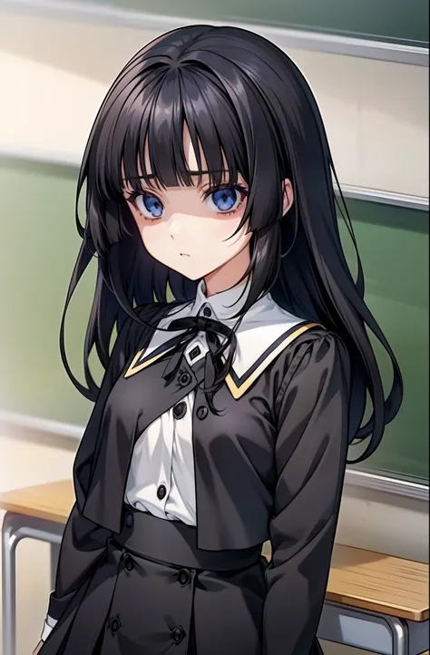 solo, (((anime girl with straight black hair))), (((straight hair))), ((hair covering eyes)), ((flat bangs)), (blank blue eyes),...