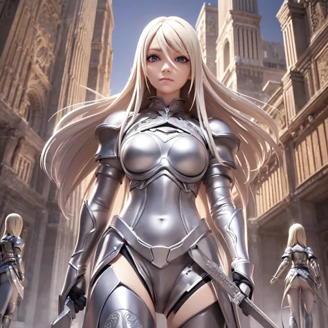 ((3D anime:1.2, Claymore Manga:1.1), best quality, detailed, high resolution, (Mascot:1.3, Clare:1.2) Silver eyes, which shine in situations of intense combat, platinum hair, defined musculature, pale skin, warriors measuring more than 1.80 m, large sword,...