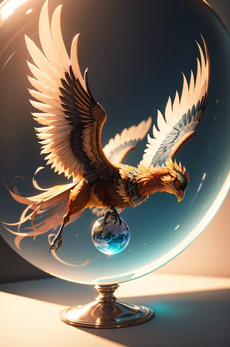 There is a bird that is flying through a glass ball, the solarpunk phoenix, realistic fantasy illustration, 3 d render bipe, arte fantasia behance, 3 d epic illustrations, arte de fantasia hiperrealista, Arte digital altamente detalhada em 4k, 8k arte impr...