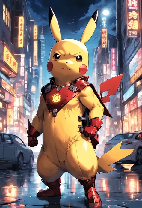 a highly detailed illustration of Pikachu wearing the iconic Iron Man costume, qualidade excepcional, dinamic pose, mischievous expression, urban night scenery, lighting dramatic, estilo de desenho hiper-realista