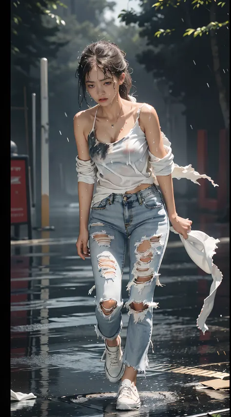 best image quality, masterpiece, super high resolution, (fidelity:1.4), photo, 1 girl, white shirt, torn jeans, white sneakers, dim, darkness, despair, pity, poor, movie, tears, teardrops, (torn clothes:1.5), (wet clothes:1.4), bare shoulders, real rain, w...