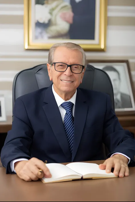 Homem de terno e gravata sentado em uma mesa com um livro, president of belorussia, Janusz Kaminski, Retrato de Ernest Khalimov, academician prokhor zakharov, ignacio fernandez rios, Vladimir Abat-Cherkasov, Vladimir Nikolov, Vladimir Pchelin, imagem retra...