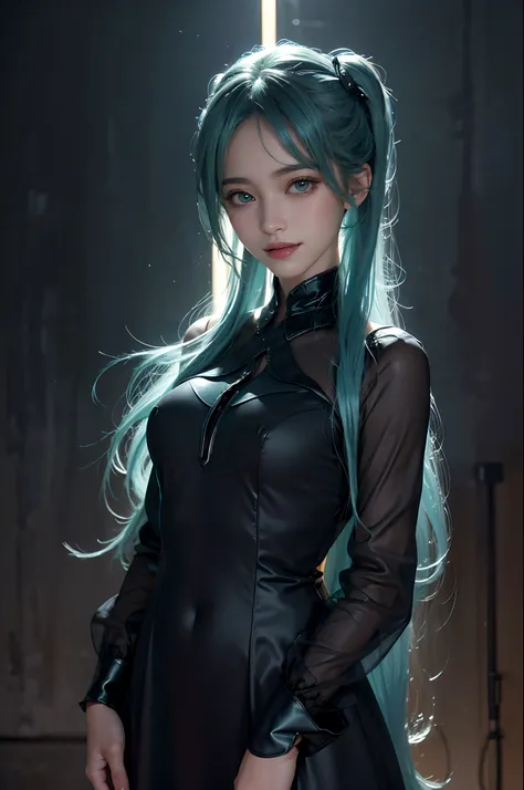 (hatsune miku charakter), tosca hair color, long twin tail hair with pony, looking at the view, eyes on the view, smile (big smile), (open mouth), full body, 21 years old girl, perfect body, perfect anatomy, tosca eye color, double eyelids, huge breasts, H...