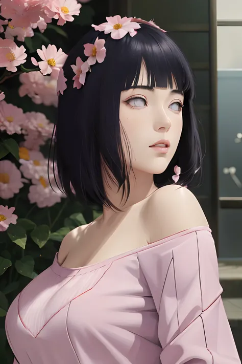 masterpiece, absurdres, hinata(boruto), 1girl, solo,mature female, off-shoulder oversized shirt, looking at viewer, (falling petals), perfect composition, detailed lips, big breast, beautiful face, body propotion, blush, (pink lips), long hair,  purple eye...