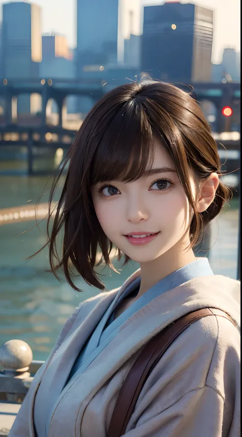 Masterpiece, one beautiful woman, detailed face, detailed eyes, detailed skin, top quality, Japanese, brightly lit from front, professional lighting, facing straight on, background slightly blurred, London cityscape in background (on bridge), smiling, brow...