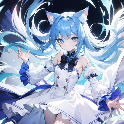 Detector feminization，whaite hair，blue color eyes，white dresses，cat ear